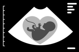 Ultrasound monitor displaying a silhouette of a fetus growing within a heart shape, representing love and care throughout the journey of pregnancy and motherhood vector
