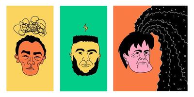 Three stylized portraits illustrating various states of mind, showcasing confusion, sparking an idea, and expressing stress. vector