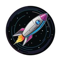 Colorful Cartoon Rocket Flying Through Outer Space in Circular Design vector