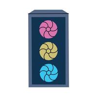 Stylish gaming PC tower with glowing fans. Flat cartoon illustration, computer icon for gamer setup, modern tech, performance hardware, and digital lifestyle themes, isolated colored clipart vector