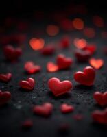A dark background is scattered with glowing red heart shapes and bokeh lights photo