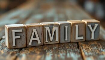 Rustic wooden sign with individual blocks spelling FAMILY on a textured table showing wood grain photo