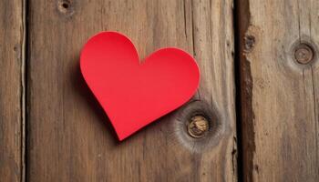 Red heart on a wooden background, symbolizing love and affection, flat lay style photo