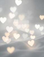 Abstract background with soft white fabric and floating heart shaped bokeh lights photo