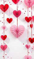 Hanging red and pink paper hearts on strings create a festive Valentines day backdrop photo