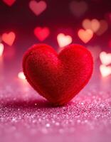 A vibrant red heart pillow on a pink glittery surface, with heart bokeh lights photo