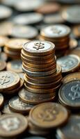 A detailed close-up of stacked gold and silver dollar coins with dollar symbol photo
