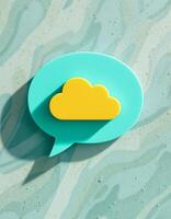 A vibrant graphic of a yellow cloud inside a light blue speech bubble on a textured background photo
