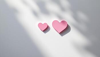 Two pink hearts on a white surface with shadows creating a sense of depth and texture photo