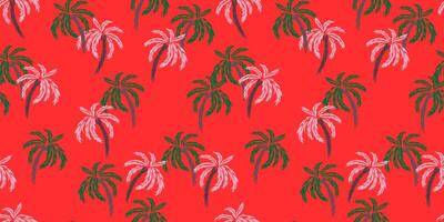 Seamless tropical palm tree pattern with a vibrant red background. The design features lush green and soft pink palm leaves, creating a bold, exotic, and stylish look, summer fashion, textiles vector