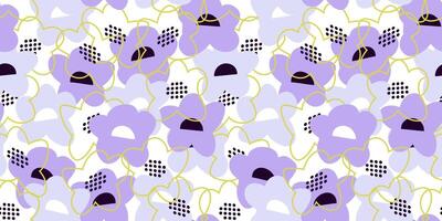 Seamless floral pattern with abstract hand drawn flowers in violet, purple, and lavender on a white background. The playful doodle style lines create a modern, artistic, vibrant composition vector