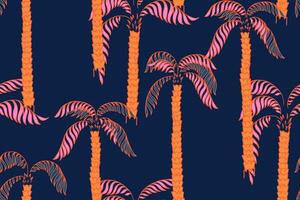 Seamless pattern with abstract hand drawn palm trees in colorful tones on a deep navy background. Tropical and artistic, perfect for summer designs, textile, wallpaper, fashion, branding vector