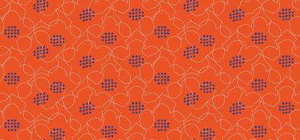Minimalist seamless pattern with abstract floral outlines in white and hand drawn blue dots on a orange, coral color background. Elegant, modern, and delicate, perfect for textiles, wallpapers vector