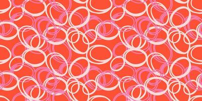 Seamless abstract pattern of overlapping hand drawn circles in white and pink tones on a vibrant orange coral background. Plain ornament for modern fabrics, wallpapers, graphic design vector