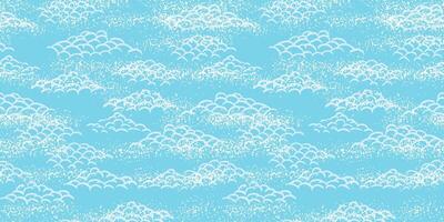 Seamless pattern with stylized hand drawn clouds in an Asian inspired design. White curved line clouds on a blue background with a subtle textured effect. Ideal for textiles, wallpaper, prints vector