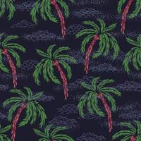 Elegant seamless tropical pattern featuring green palm trees with textured trunks and stylized clouds on a deep navy background. Perfect for summer, beach, and travel themed designs vector