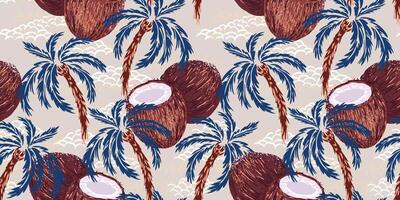 Seamless tropical pattern with hand drawn coconut palm trees and brown coconuts on a soft beige background with clouds. Detailed vintage style texture, perfect for textiles, wallpapers, packaging vector