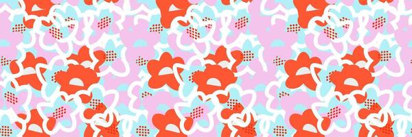 Seamless floral pattern with abstract hand drawn flowers in red, pink, and blue on a light background. Overlapping outlines and dynamic composition create a playful, modern, and stylish look vector