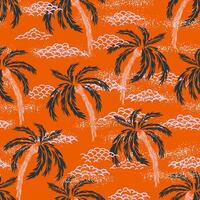 Colorful seamless tropical pattern featuring black palm trees with textured trunks and stylized clouds on a deep orange background. Perfect for summer, beach, and travel themed designs. vector
