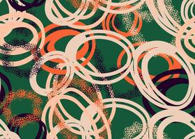 Playful colorful seamless pattern with hand drawn overlapping circles in white, orange, and black on a green background. Textured details add depth, ideal for modern designs, textiles vector