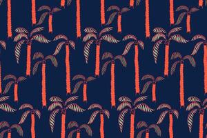 Seamless tropical pattern featuring hand drawn palm trees with textured trunks and curved leaves on a deep background. Colorful ornament print for summer themed designs, textiles, wallpaper vector