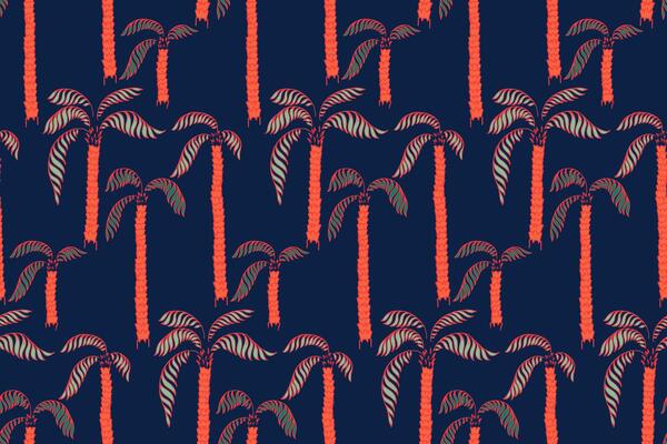 Seamless tropical pattern featuring hand drawn palm trees with textured trunks and curved leaves on a deep background. Colorful ornament print for summer themed designs, textiles, wallpaper
