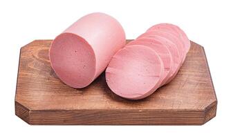 Boiled sausage isolate on a white background. Food, sausage. Sliced sausage on a cutting board photo
