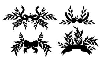 Vintage coquette ribbon bow with floral elements silhouette. Isolated Decorative Trendy aesthetic graphic elements perfect for design, digital projects and decoration vector
