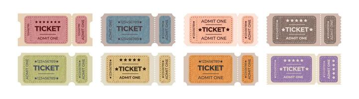 Variety of colorful admission tickets arranged in a row for different events and activities vector