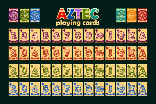 Full deck of playing cards in Aztec style. Set with isolated cards for Poker or Solitaire game UI. Cartoon full deck of cards. Each map is on a separate layer and is easily edited.