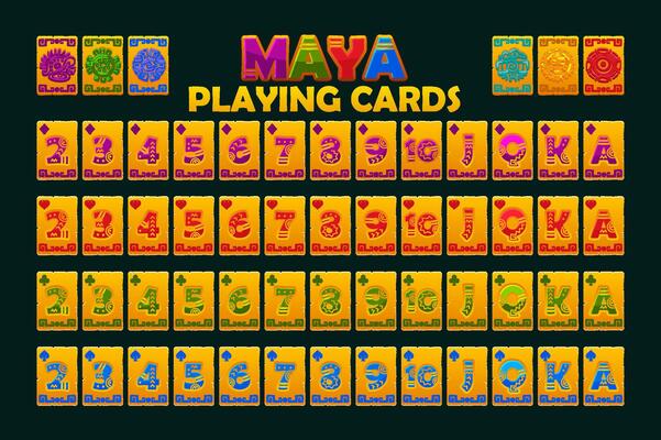 Cartoon Full deck of playing cards in Maya style. Set with isolated cards for Poker or Solitaire game UI. Golden full deck of cards. Each map is on a separate layer and is easily edited