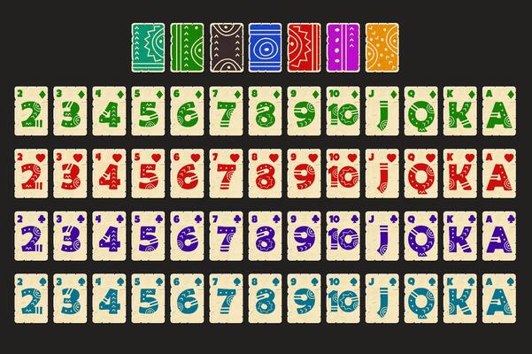 Cartoon Full deck of playing cards in Aztec style. Set with isolated cards for Poker or Solitaire game UI. Cartoon full deck of cards. Each map is on a separate layer and is easily edited.