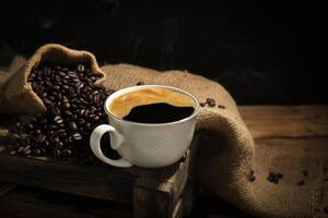 Coffee cups with roasted coffee beans arranged on table, top view. with a black background and dark colors photo