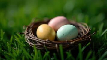 A wicker basket, overflowing with brightly colored, decorated eggs, lay abandoned on the lawn, suggesting a hasty retreat after a successful Easter egg hunt. photo