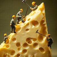 Tiny men, barely bigger than mice, in miniature denim overalls, scurry up the colossal Cheddar cliff. photo