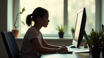 The Black girl stares intently at the computer screen, her fingers hovering over the keyboard as she wrestles with a particularly difficult problem. photo
