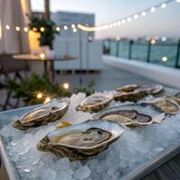 Fresh Shucked Oysters on Crushed Ice with Lemon Slice under String Lights photo