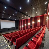 Interior of a Large Theater with Rows of Red Seats and a Blank White Screen photo