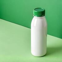 White Bottle with Green Cap in Studio Setting on Two Tone Green Background photo