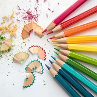 Row of Colorful Sharpened Pencils with Matching Shavings on White Background photo