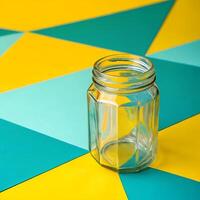 Empty Glass Jar on Yellow and Turquoise Geometric Backgrounds with Bright Light photo