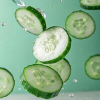 Fresh Cucumber Slices Falling with Water Droplets on Green Background Macro Closeup photo