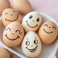 Smiling Egg Faces, Happy Food Group on Tray with Pink Backdrop, Optimistic Expression photo