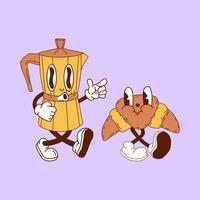 A groovy retro cartoon featuring a smiling coffee pot and a cheerful croissant as breakfast friends. Styled with funky 70s-inspired charm, this playful duo represents the perfect breakfast pairing vector