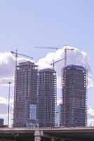 A group of cranes are working on a building under construction photo