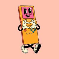 Groovy Retro Yellow Handheld Gaming Console Cartoon Character vector