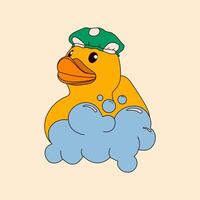 A cute rubber duck taking a bath surrounded by bubbles, wearing a shower cap vector