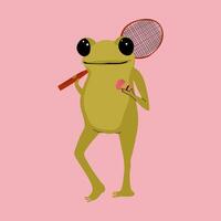 Cute cartoon frog character standing with badminton racket and shuttlecock in hand, playful pose and colorful design vector