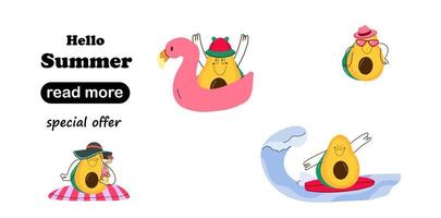 Web page design template. Cartoon avocado characters in fun summer poses vector