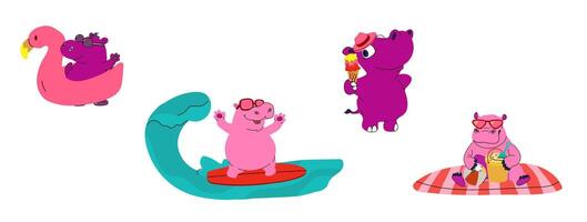 A set of cartoon hippos enjoying summer on the beach, engaging in various fun activities like swimming, sunbathing, playing in the sand, and relaxing under umbrellas vector